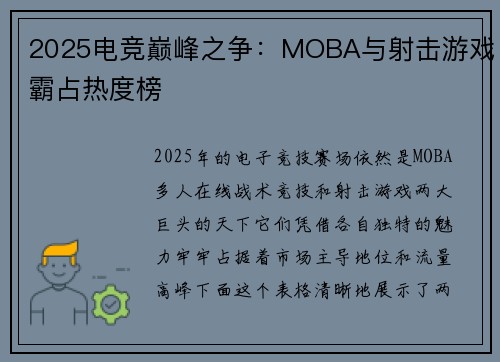 2025电竞巅峰之争：MOBA与射击游戏霸占热度榜